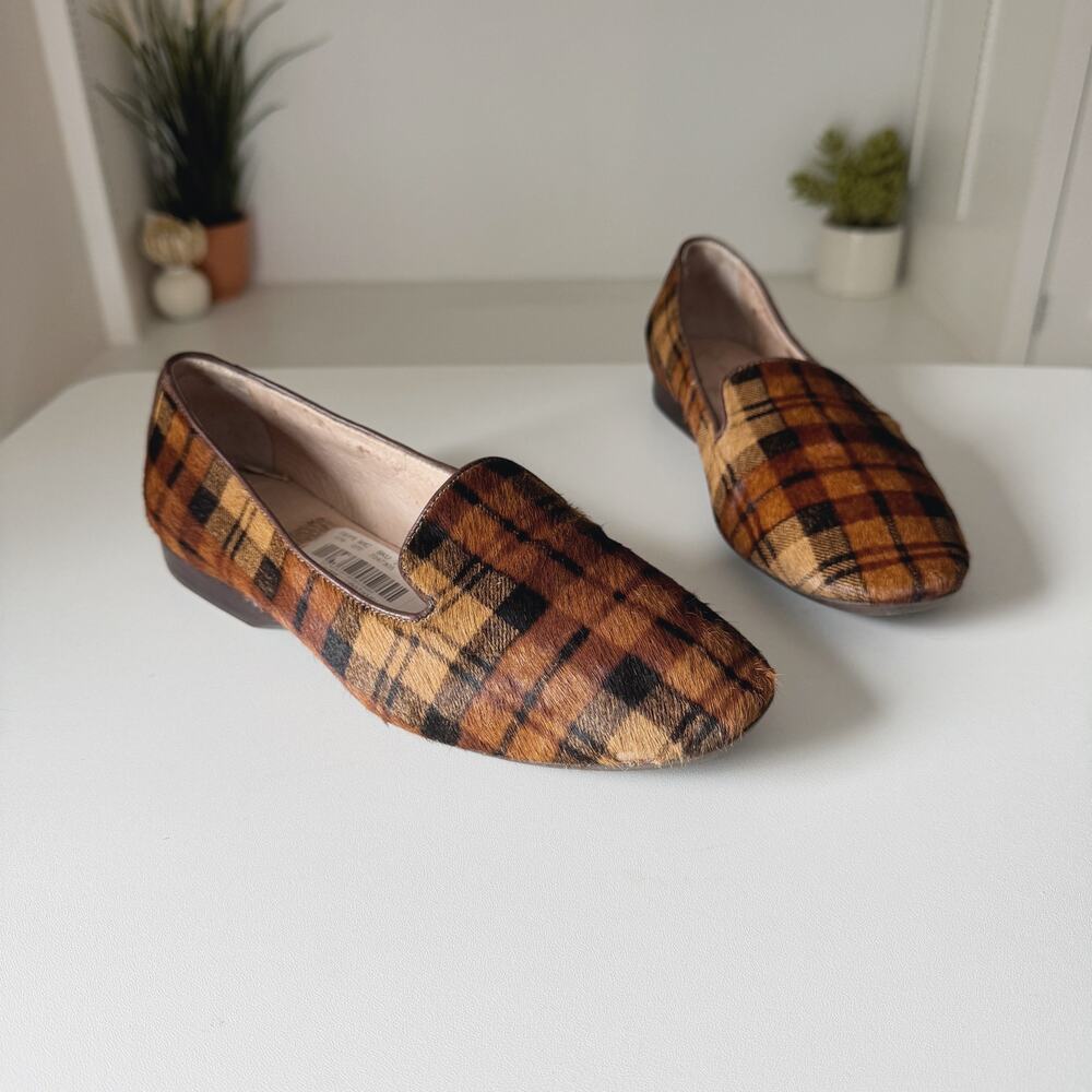 Antonio Melani Brown Tan Leather and Calf Hair Plaid Larrah Flats Size 8-8.5